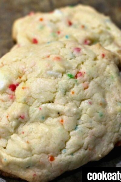 Rainbow chip cake mix cookies on counter