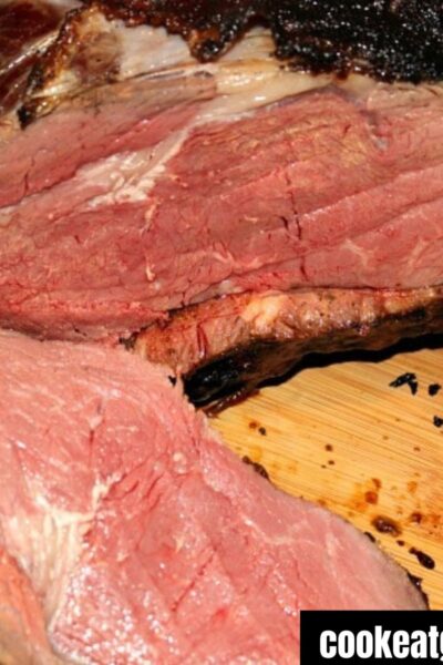 Smoked Prime Rib Sliced open on a cutting board
