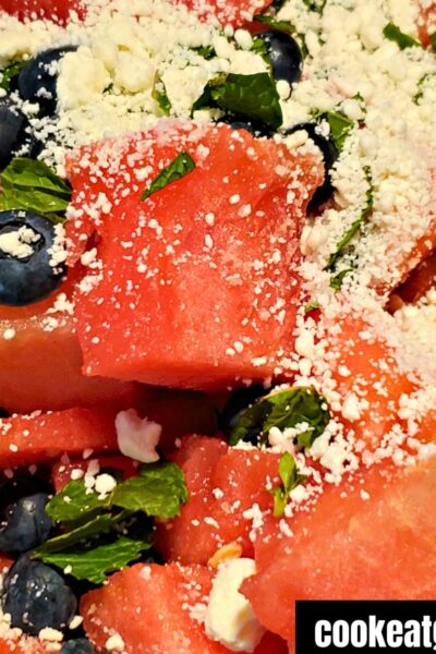 Watermelon salad with feta cheese and blue berries