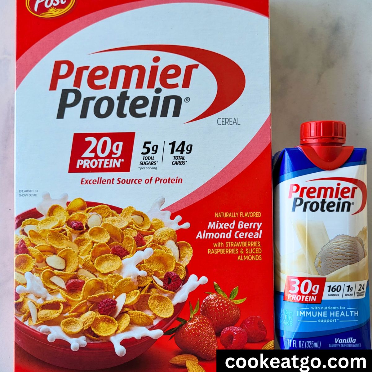 Mixed Berry Almond Preimer Protein Cereal Box next to premier protein vanilla shake