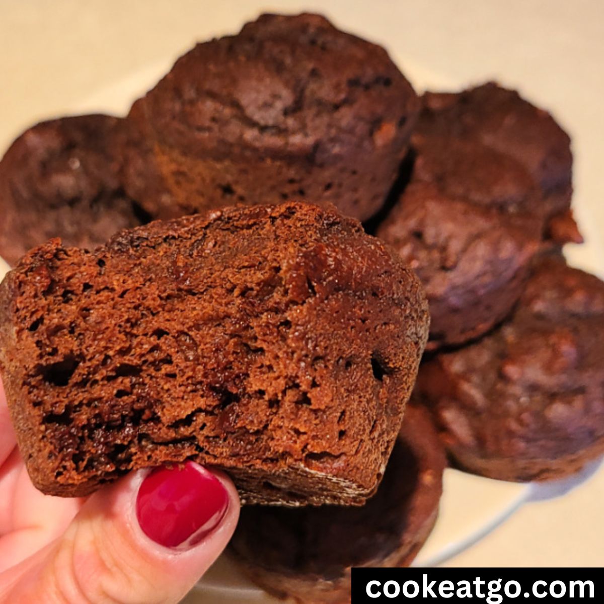 Weight Watchers Kodiak Chocolate Muffin bite into with a pile of muffins behind it