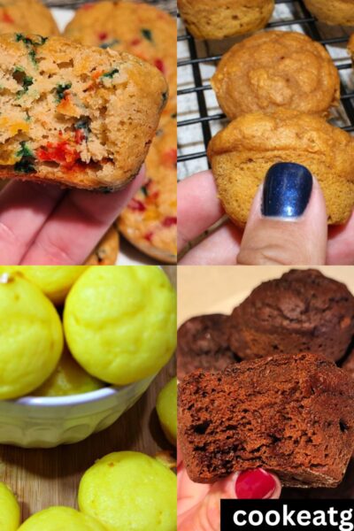 4 Muffins, Sprinkle Kodiak Muffin, Pumpkin Spice muffin, lemon muffin, and kodiak chocolate muffin
