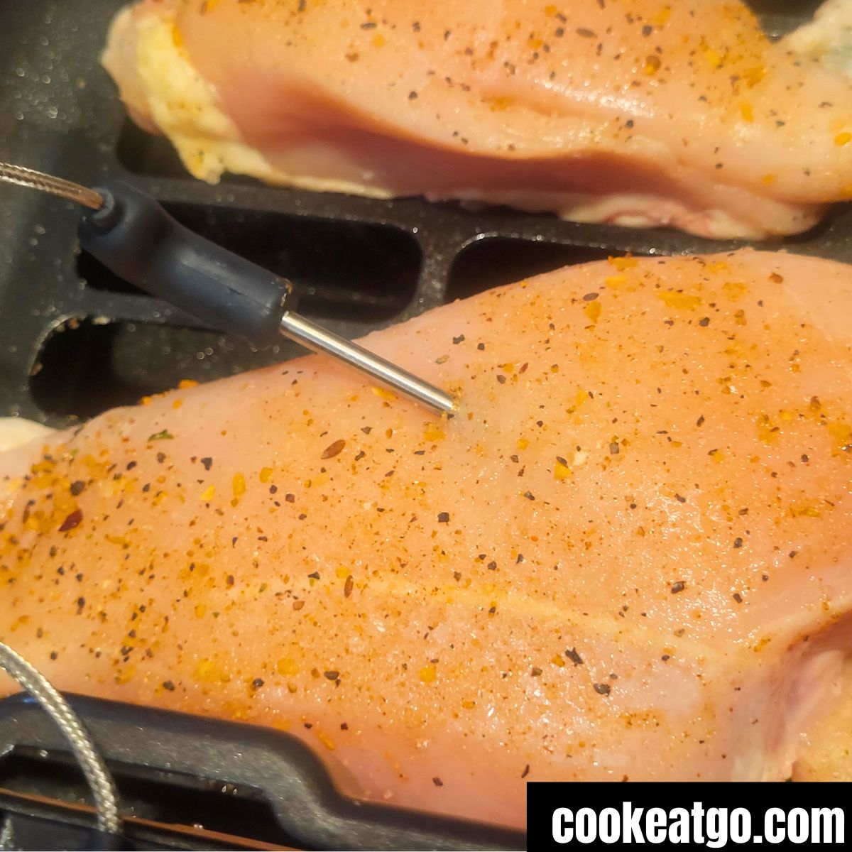 Air Fryer Chicken Breasts in Dreo Chemaker with temperature probe in before cooking