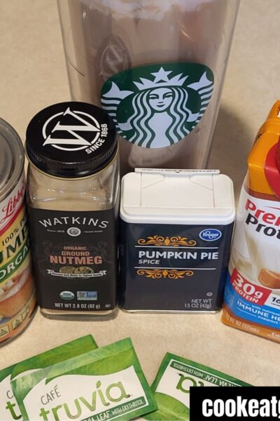 Skinny Pumpkin Spice latte ingredients with a pumpkin spice latte in a venti starbucks cup