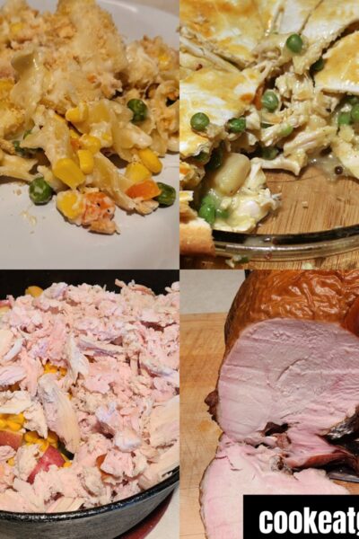 Collage of turkey breast sliced open, turkey chowder before cooking, turkey pot pie, and turkey noodle casserole