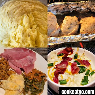Collage of garlic mashed potatoes, Ranch pork chops, ham dinner with potatoes and green bean casserole, and loaded mashed potatoes