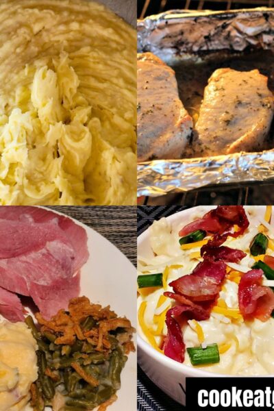 Collage of garlic mashed potatoes, Ranch pork chops, ham dinner with potatoes and green bean casserole, and loaded mashed potatoes