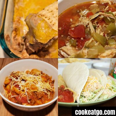 Collage with cheesy refried beans, Chicken fajita soup, instant pot taco pasta, and salsa chicken tacos