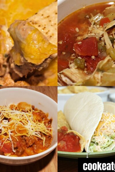 Collage with cheesy refried beans, Chicken fajita soup, instant pot taco pasta, and salsa chicken tacos