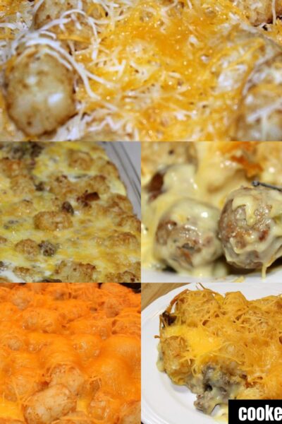 Collage of 5 tater tot casseroles, meatball in a dish, breakfast in a casserole pan, meatball on a fork, beef in a pan, and beef tater tot casserole served on a plate
