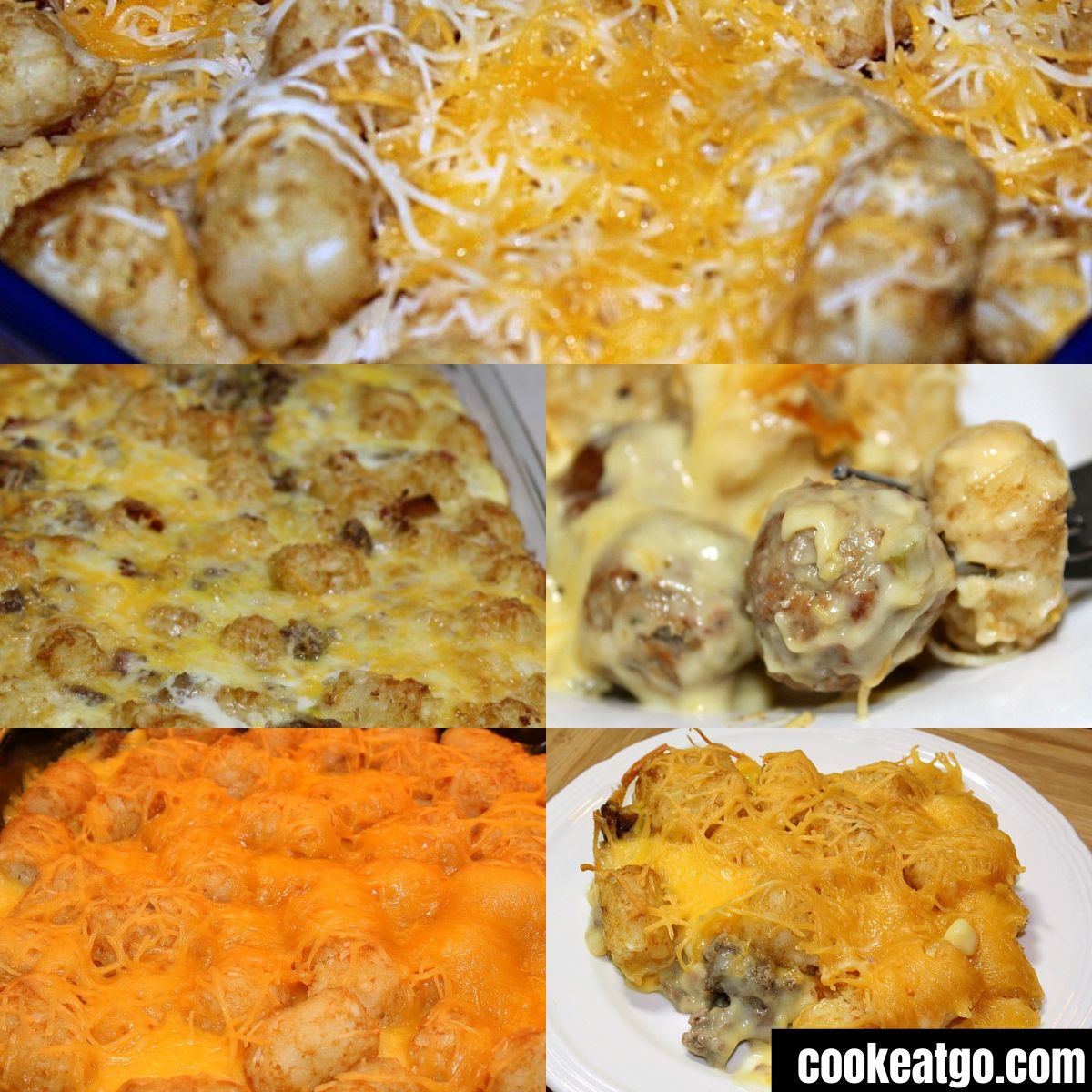 Collage of 5 tater tot casseroles, meatball in a dish, breakfast in a casserole pan, meatball on a fork, beef in a pan, and beef tater tot casserole served on a plate