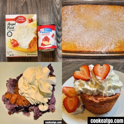 collaeg of four photos; cherry pie filling with an angel food cake mix, lemon bars, blueberry bars with whipped topping, an strawberry angel food cake with wihipped topping aind strawberrry slices