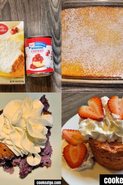 collaeg of four photos; cherry pie filling with an angel food cake mix, lemon bars, blueberry bars with whipped topping, an strawberry angel food cake with wihipped topping aind strawberrry slices