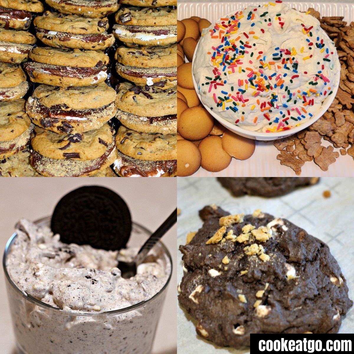 Collage of four desserts; Store bought cookies into smores, funetti cake dip with animal cookies and teddy grahams, oreo fluff, and smores cake mix cookies.