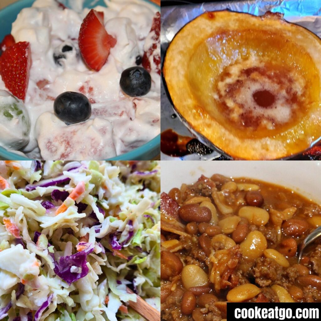 Photo collage of Fresh Fruit salad, oven roast acorn squash, coleslaw, and loaded baked beans