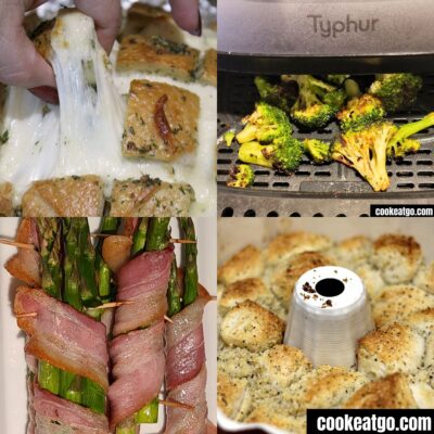 Photo collage of; cheesy garlic bread, air fryer brocoli, and garlic pull apart bread
