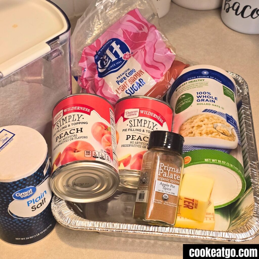 Peach Crisp ingredients in foil pan