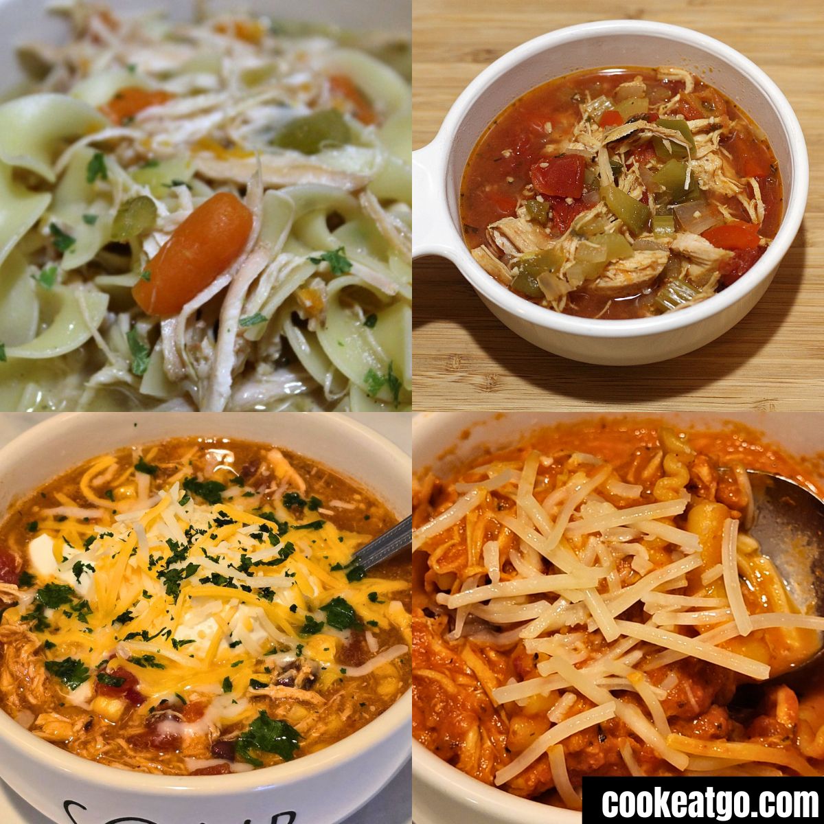 Photo collage with chicken noodle soup, chicken fajiata soup, chicken enchilada soup recipe, and chicken parmesan soup recipe