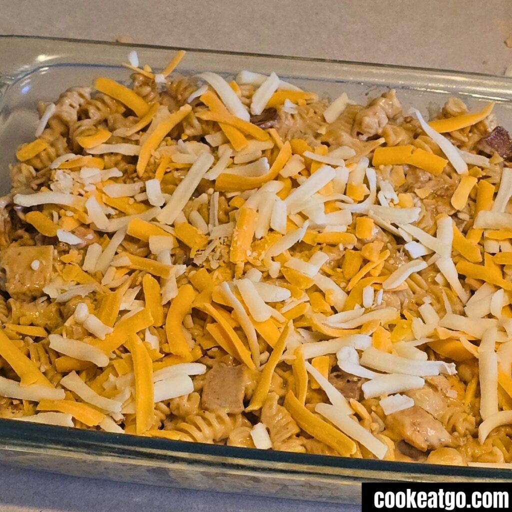Chicken and Bacon Pasta Bake before baking in casserole dish