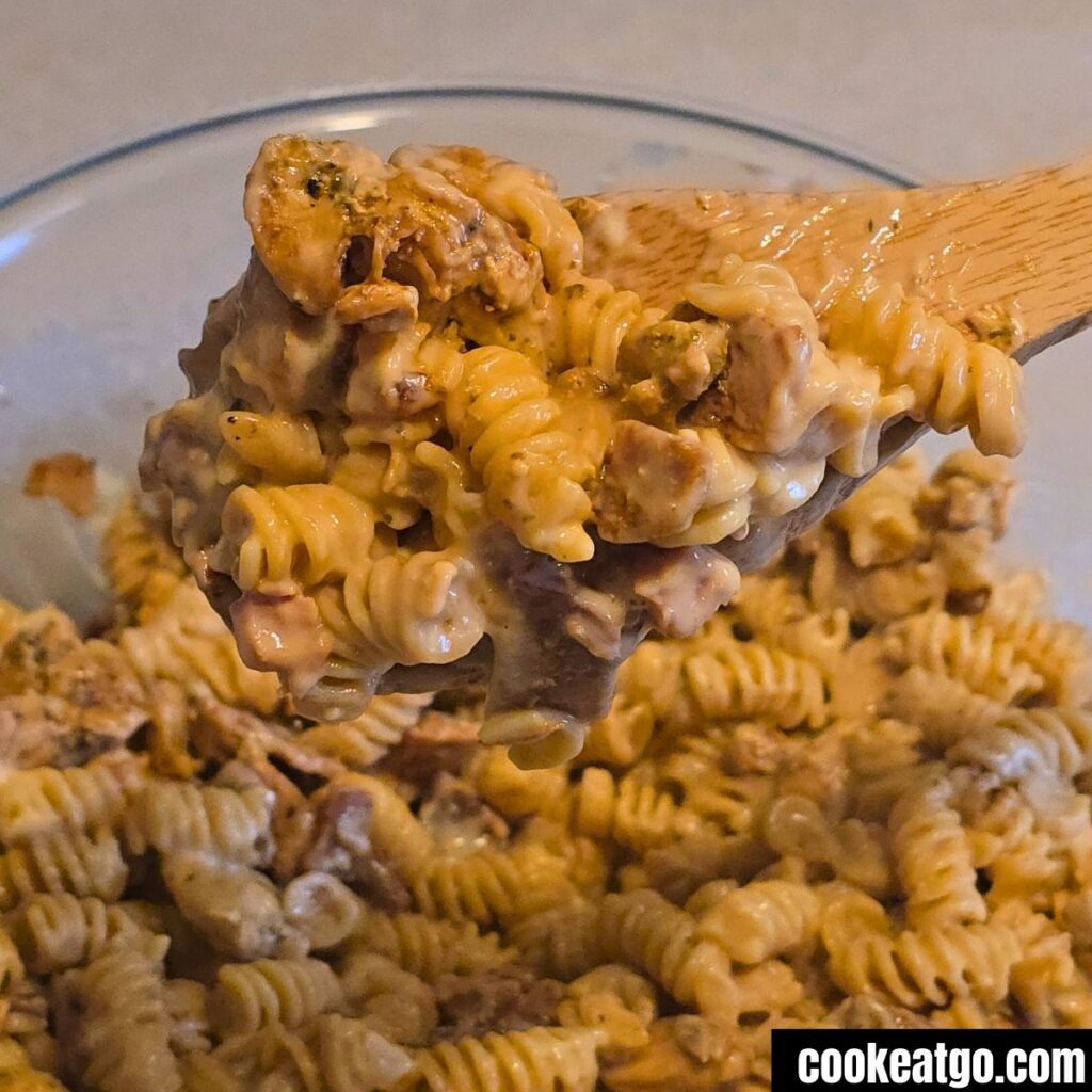 Chicken and Bacon Pasta Bake ingredients in bowl