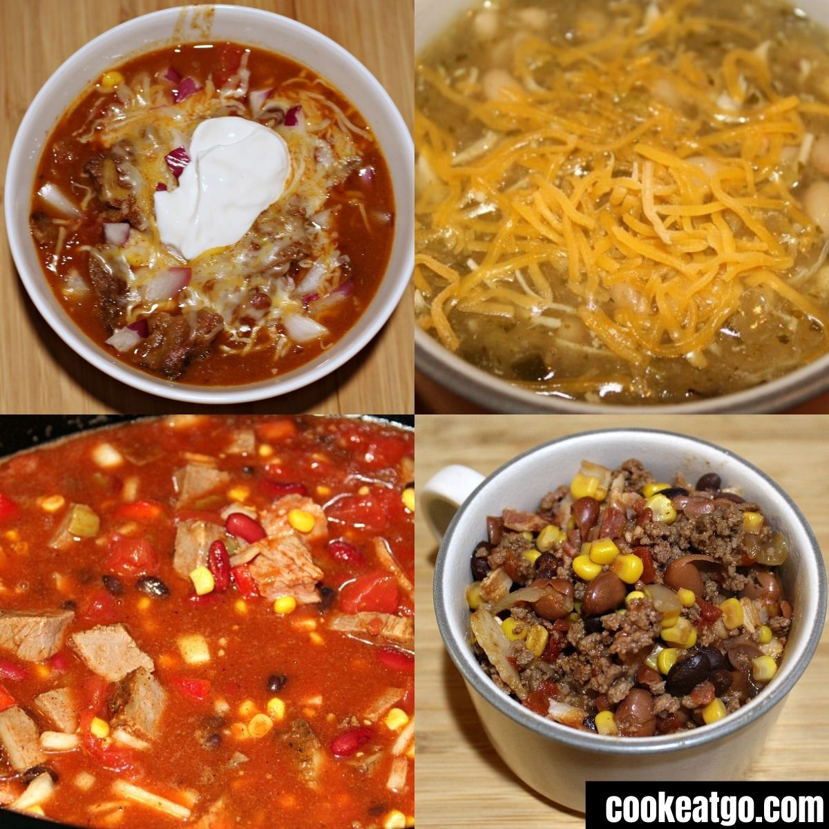 Bowl of brisket chili, bowl of chicken chili, crockpot of brisket chili, and bowl of Instant Pot ground beef chili.