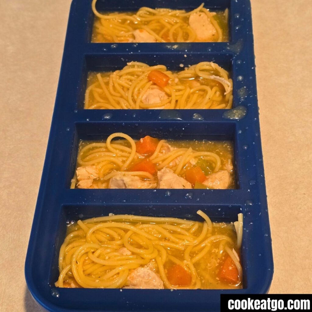 High Protein Chicken Noodle Soup in Souper Cubes Before Freezing