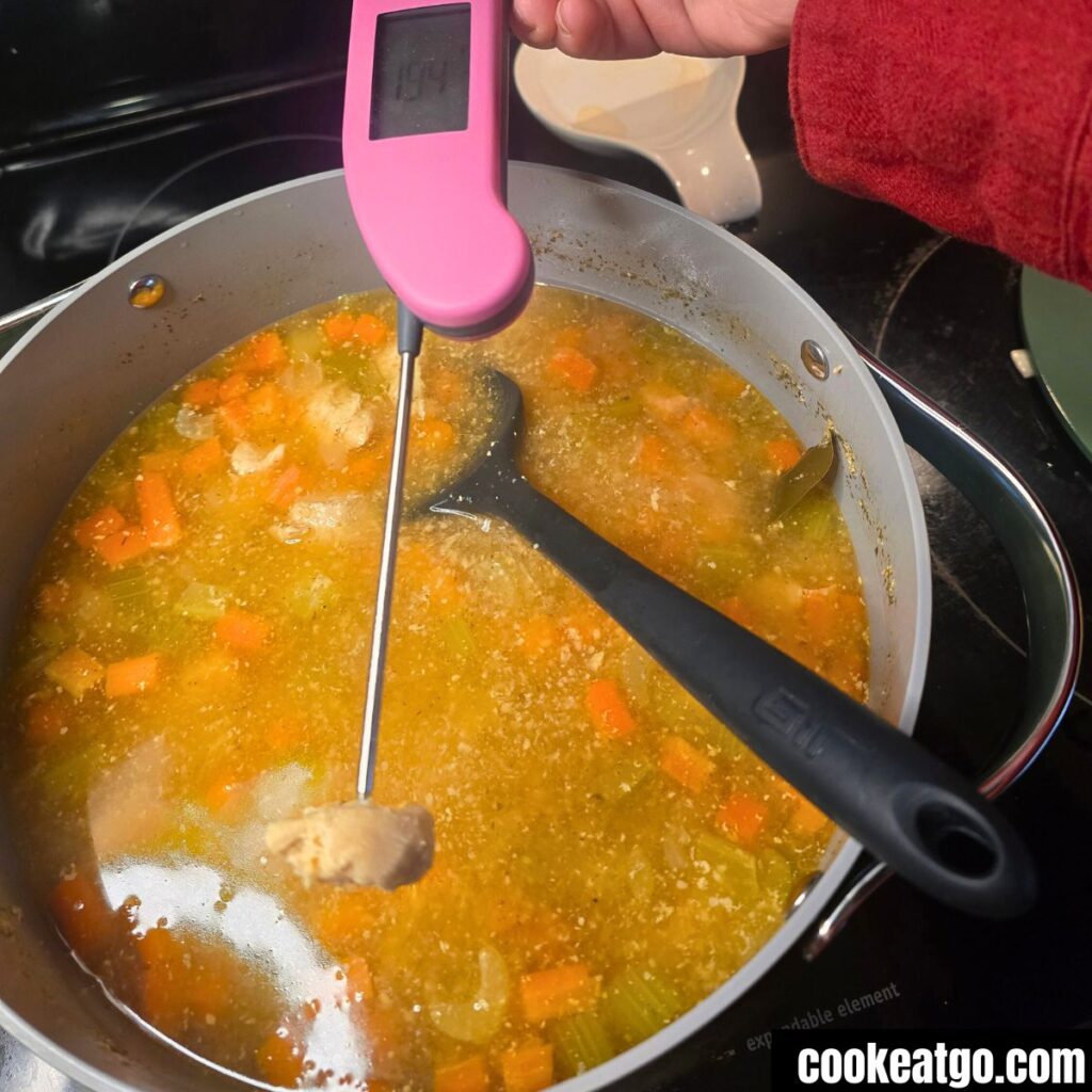 Thermapen temping chicken in High Protein Chicken Noodle Soup