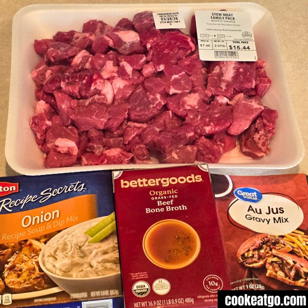 Beef Stew Meat, Beef Bone Broth, Onion soup Mix, and Au Ju Gravy Mix in packaging