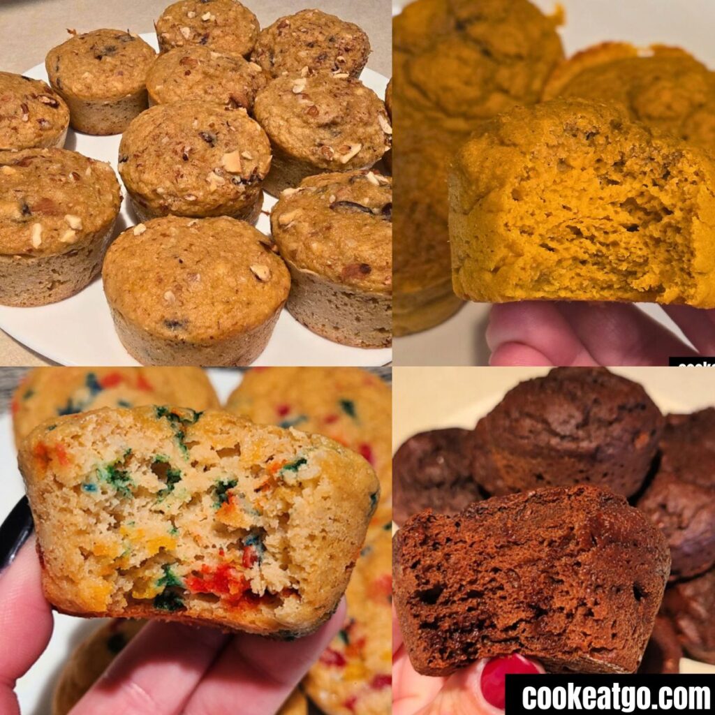 Collage with cranberry, pumpkin, sprinkle, and chocolate kodiak pancake mix muffins