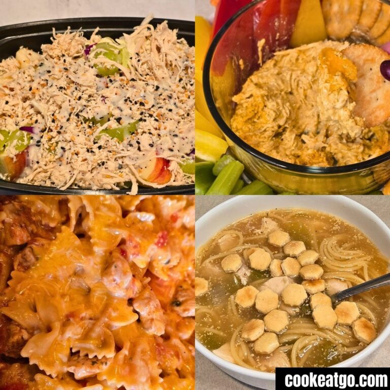 Images of chicken salad, buffalo chicken, rotel chicken pasta, and high protein chicken noodle soup