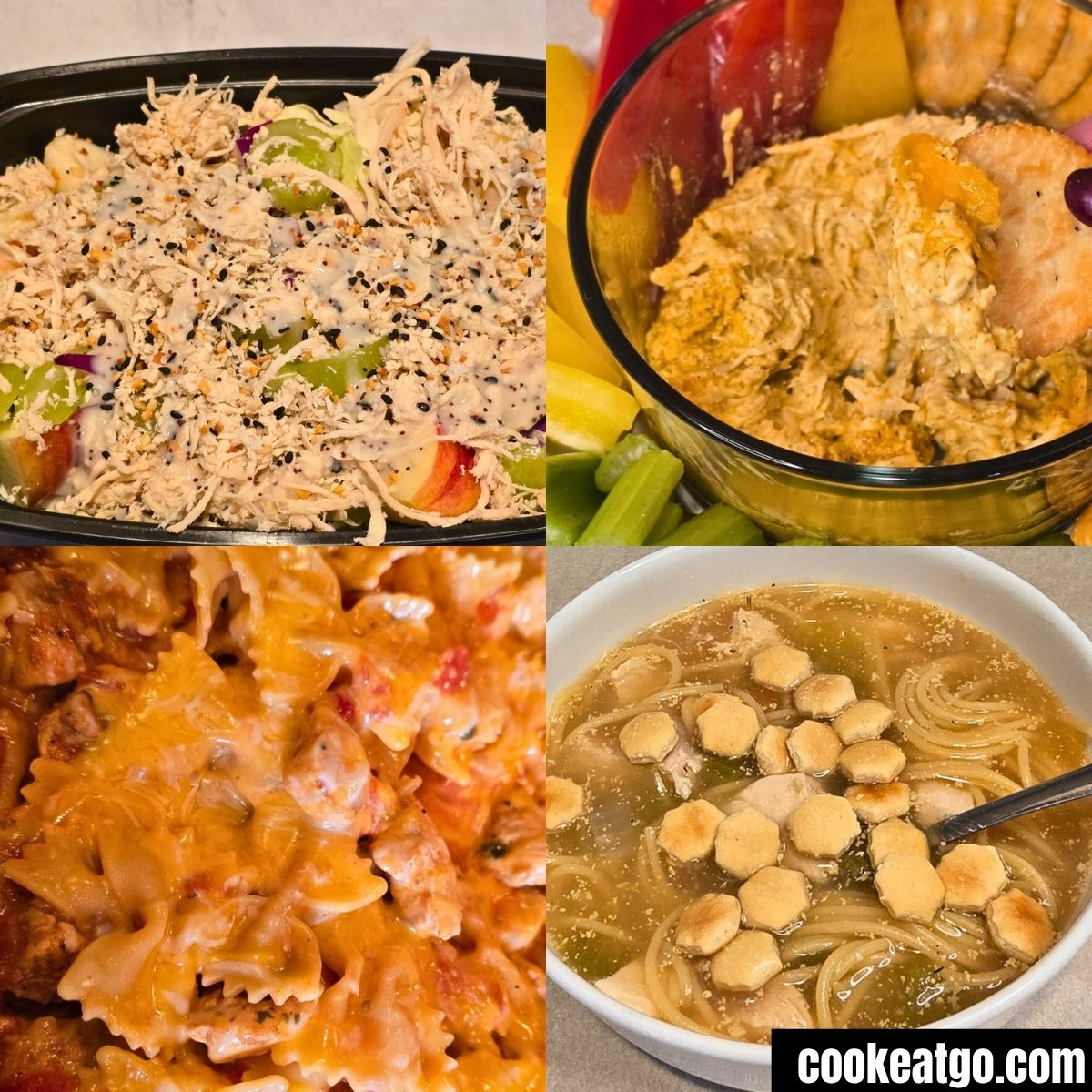 Images of chicken salad, buffalo chicken, rotel chicken pasta, and high protein chicken noodle soup