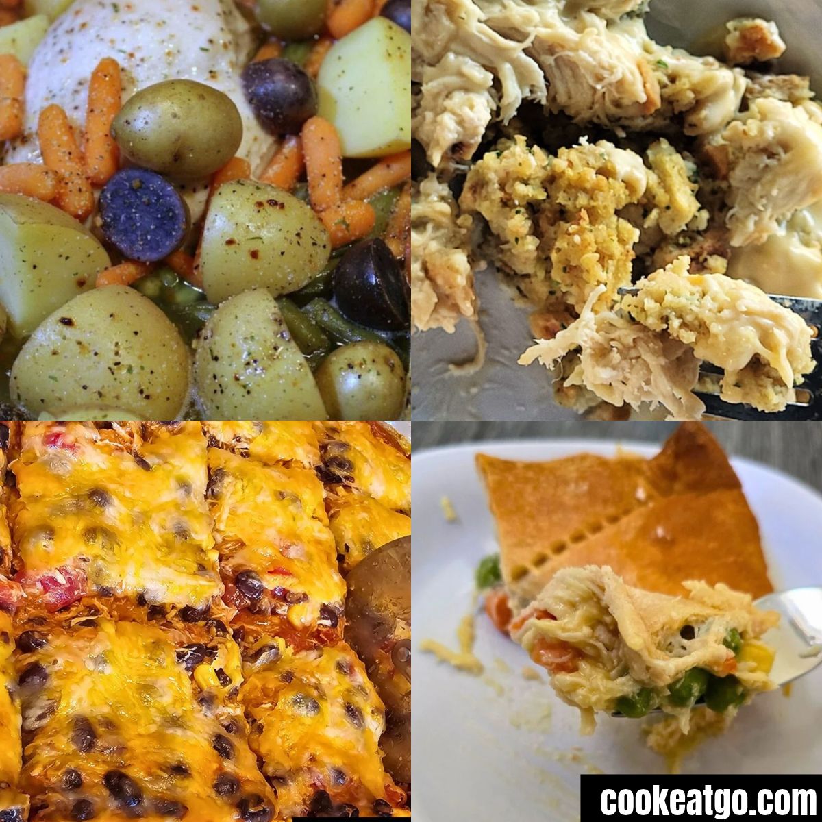 A collage showing a chicken casserole recipe prepared in four ways: roasted with potatoes and carrots, shredded with stuffing, a cheesy black bean bake, and a slice of pot pie.
